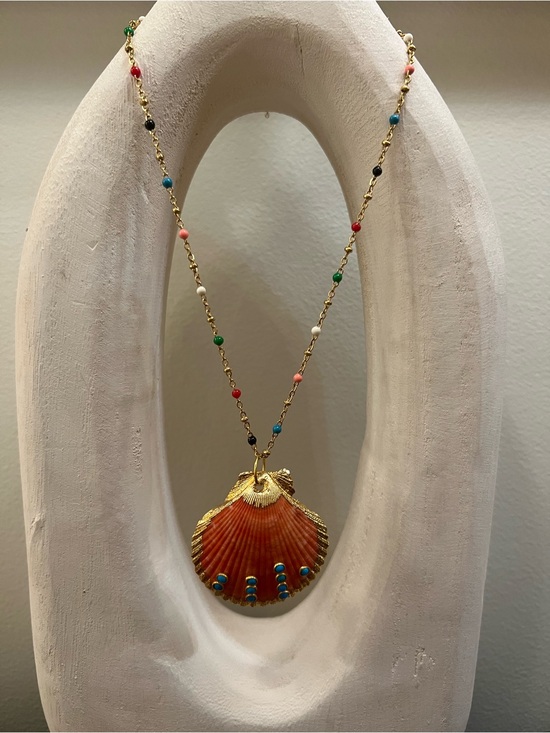 Jewelry - Gold-Plated Multicolor Beaded Shell Pendant Necklace - Orange Shell